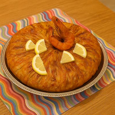 Fish-stuffed bastilla featured on the homepage with a traditional Moroccan table setup.