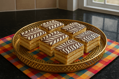 Three mille-feuille pastries with vanilla cream and icing, beautifully plated on a white dish against a bright background