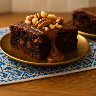 Four Moroccan walnut brownies neatly arranged on a white plate over a beige cloth and wooden table.