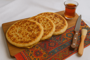 Puffed Msemen Stuffed Msemen with Suet served hot on a Moroccan patterned plate