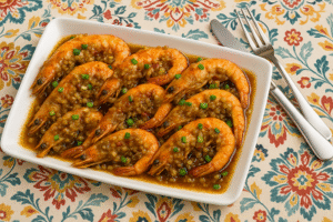 Mediterranean shrimp dinner presented beautifully with vibrant colors and Mediterranean ingredients.