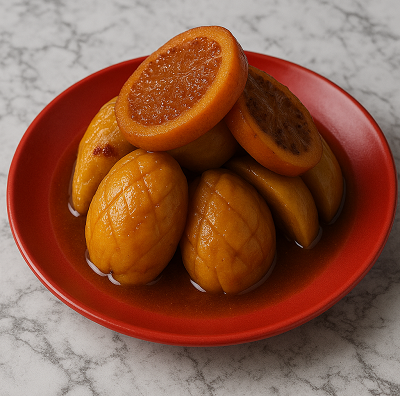 Candied quince with honey served on a red plate with caramelized orange slices, placed over a marble surface.