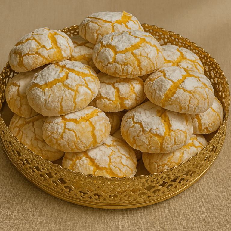 Light citrus nut dessert – soft cracked cookies with a citrusy glaze served on a beige plate.