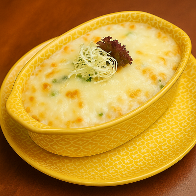 An elegant serving of creamy baked macaroni recipe with melted cheese topping in a patterned yellow dish.