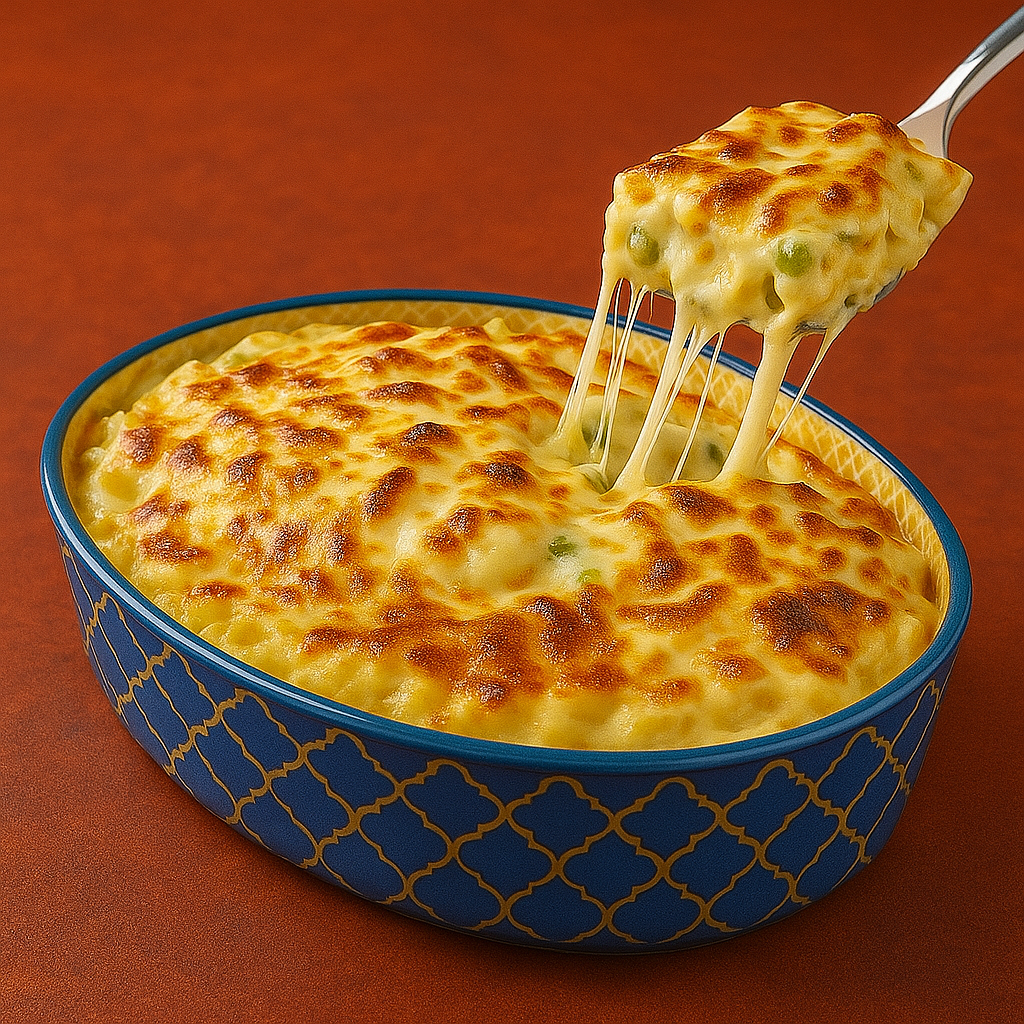 A golden, cheesy creamy baked macaroni recipe served in a decorative blue dish with a fork lifting a hot portion.
