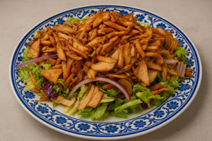 Middle Eastern chicken wrap served over fresh greens with red onions on a decorative blue plate.