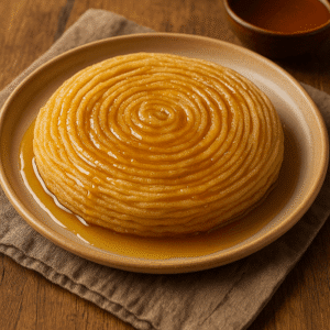Golden nest-shaped flatbread soaked in honey syrup on a rustic ceramic plate.