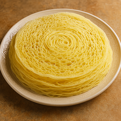 Stack of soft nest-shaped flatbreads with delicate lace-like texture on a white plate.