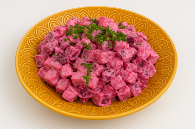 Beetroot and potato salad served in a decorative yellow bowl, garnished with parsley on a white background.