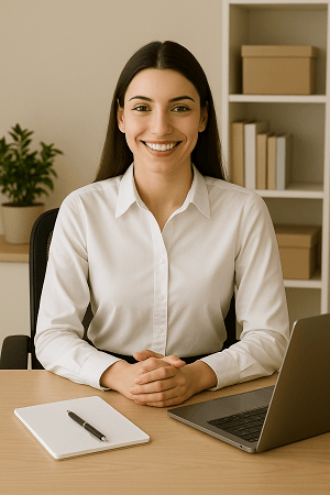 Healthy Homemade Juices 2 A smiling woman sitting at a desk with a laptop and notepad, ready to present or manage fresh juice content on a website.