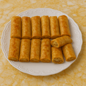 Fish-stuffed bastilla presented on an elegant serving dish with golden topping and flaky layers.