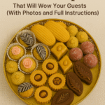 A beautiful cookies platter featuring assorted festive treats including chocolate cookies, almond sablés, sesame balls, and madeleines.