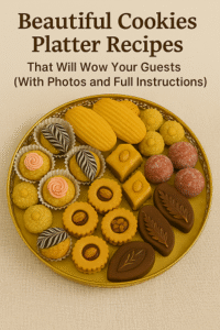 A beautiful cookies platter featuring assorted festive treats including chocolate cookies, almond sablés, sesame balls, and madeleines.