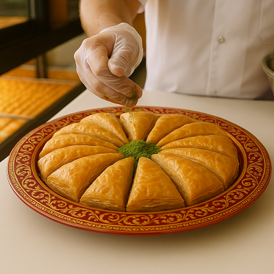 Layered nut pastry with syrup featured as a homepage visual on a wooden table with traditional background.