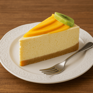 Tropical cheesecake slice served on a golden plate with fresh mango and pineapple topping