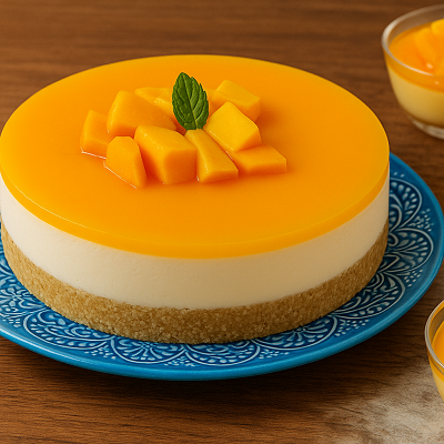 Tropical cheesecake slice displayed on a decorative platter surrounded by exotic fruits