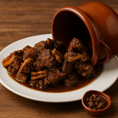 Slow-cooked lamb Tanjia in a clay pot with Moroccan spices on the side