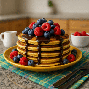 Easy healthy pancakes with fresh blueberries, raspberries, and chocolate syrup on a yellow plate.