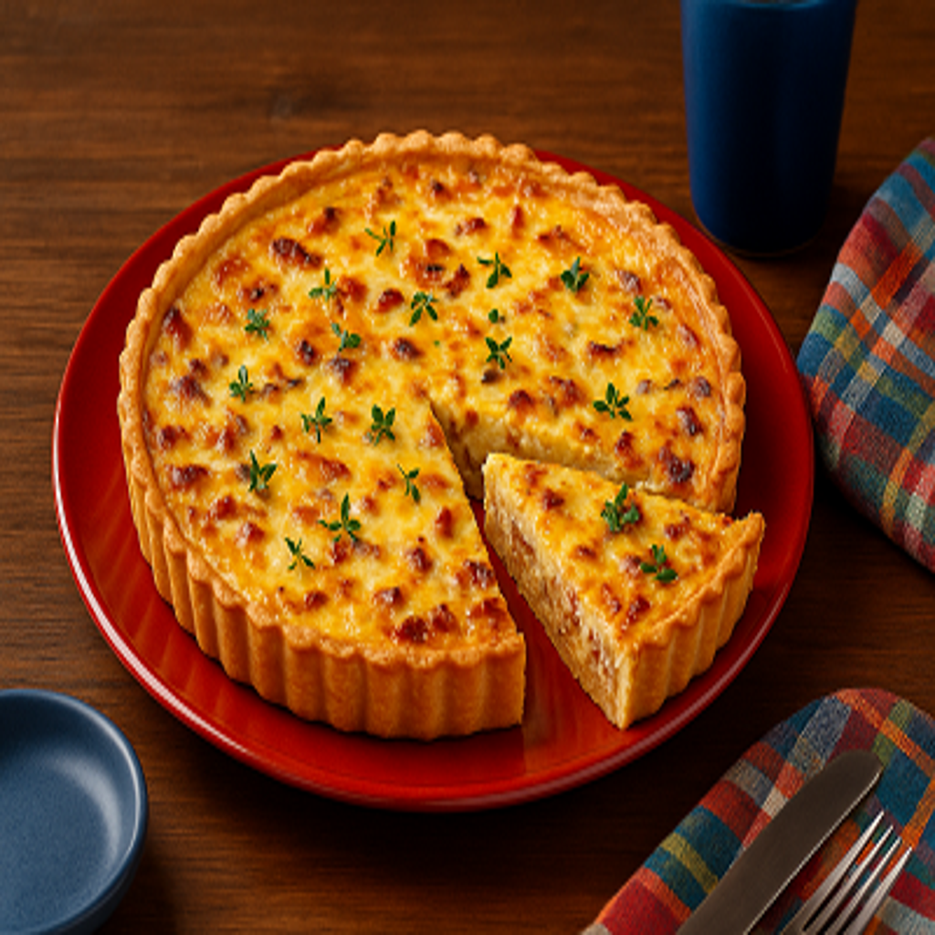 Classic Lorraine quiche sliced and ready to serve on a rustic plate