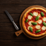 Authentic Italian Margherita pizza on a wooden plate with fresh ingredients
