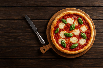 Authentic Italian Margherita pizza on a wooden plate with fresh ingredients