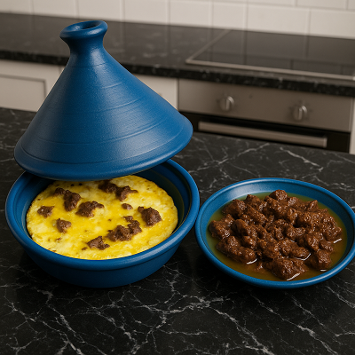 Garlic egg meat fry served with side dishes and fresh salad