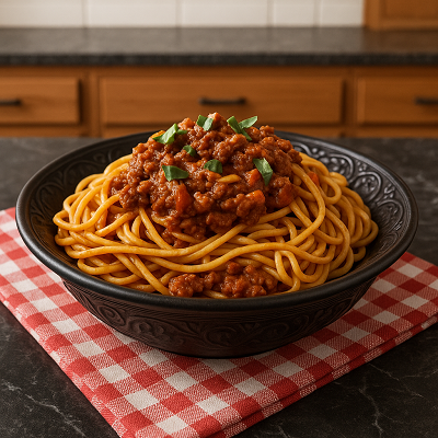 Rich pasta recipe with minced meat and creamy white sauce on a white plate
