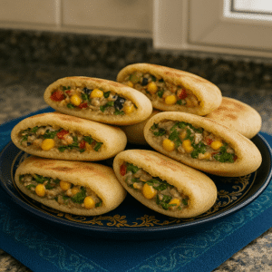Semolina bread filled with chicken served on a traditional Moroccan plate