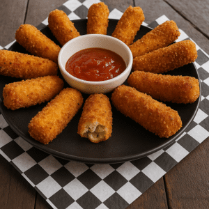 Soft cheese bites arranged beautifully with dipping sauce on a wooden tray.