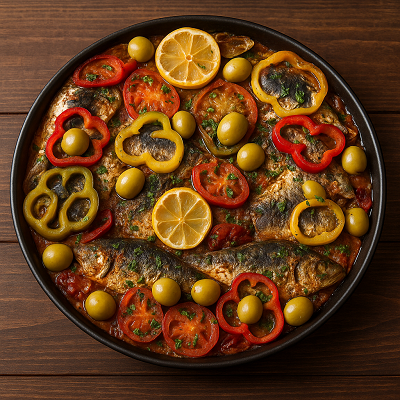 Delicious sardines with herbs on a wooden table