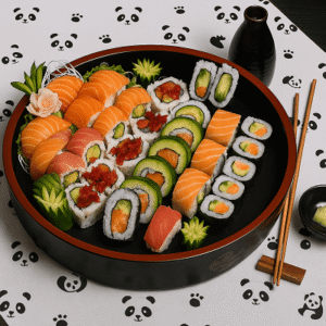 An elegant handcrafted sushi experience displaying neatly arranged Japanese rolls on a bamboo mat, reflecting traditional culinary precision.