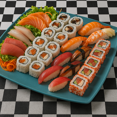 A beautifully styled handcrafted sushi experience showcasing traditional Japanese rolls on a wooden board.