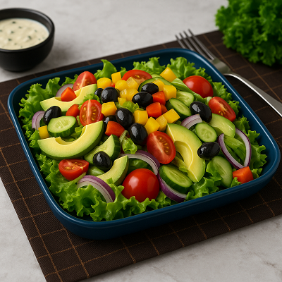 Colorful avocado and vegetable salad in a blue rectangular dish on a brown tablecloth.