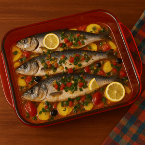 Sardines with herbs recipe served on a rustic plate
