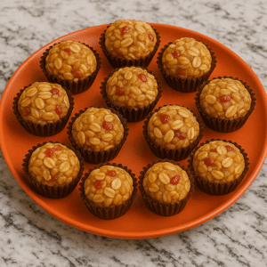 Round no-bake granola bars with oats and dried fruits served in brown paper cups on an orange plate.