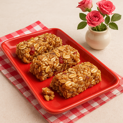 Three no-bake granola bars made with oats and dried fruits served on a red plate.