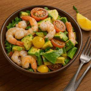 Zesty seafood salad Fresh shrimp avocado citrus salad with cherry tomatoes and lemon wedge in a brown bowl.