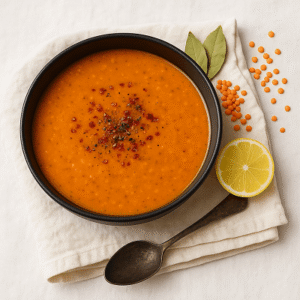 Simple mercimek soup recipe served in a white bowl with lemon slices and fresh mint on a wooden table