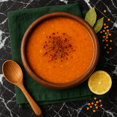 Simple mercimek soup recipe close-up of a creamy red lentil soup with a drizzle of olive oil and toasted bread