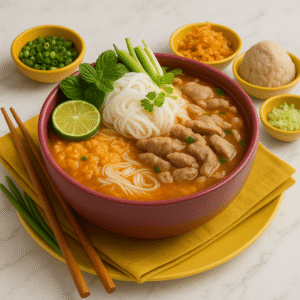 Traditional pho soup with rice noodles, fresh herbs, and sliced beef