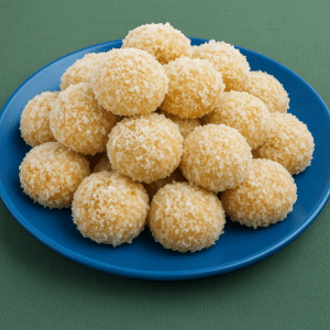 A plate of golden Coconut Kok biscuits covered in shredded coconut, stacked neatly on a blue dish.