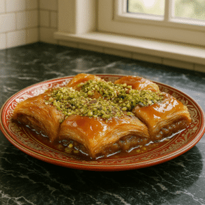 Layered nut pastry with syrup – golden, flaky pastry slices topped with crushed pistachios on a decorative plate.