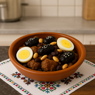 A traditional Moroccan meat dish topped with prunes, raisins, almonds, sesame seeds, and halved boiled eggs, served in a clay tagine.