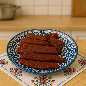 Traditional Qadeed meat strips neatly arranged on a decorative blue and white plate — Qadeed Recipe.