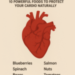 Heart disease prevention food guide featuring a realistic human heart illustration surrounded by a list of ten superfoods that naturally support cardiovascular health.