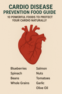 Heart disease prevention food guide featuring a realistic human heart illustration surrounded by a list of ten superfoods that naturally support cardiovascular health.