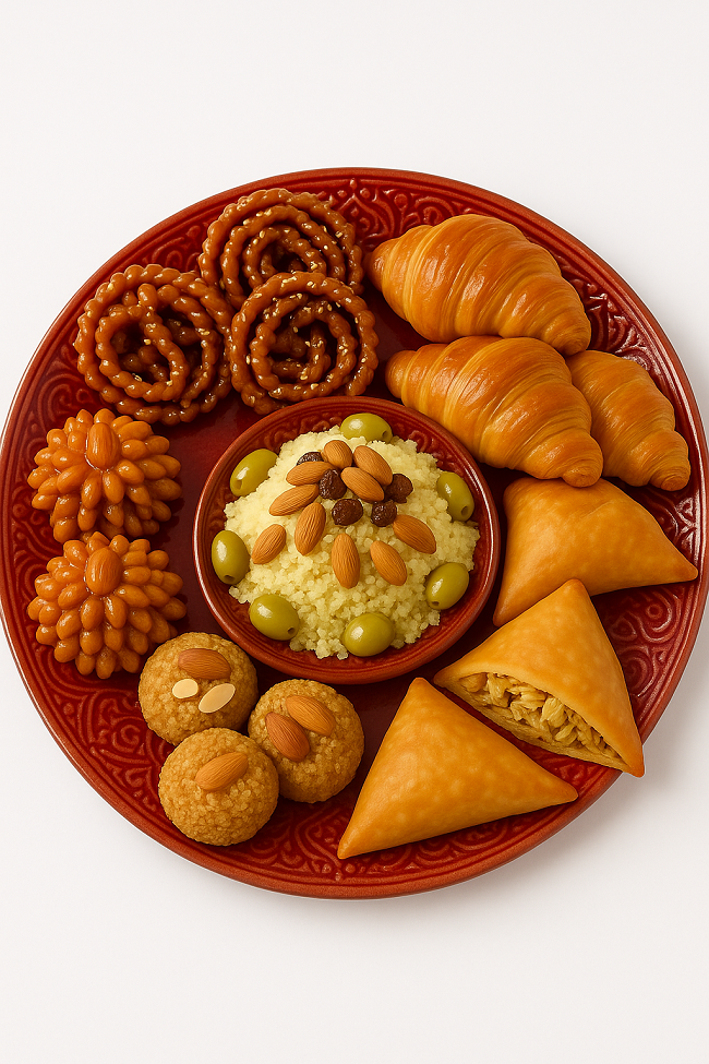 Moroccan assorted traditional sweets and savory pastries on a red decorative plate.