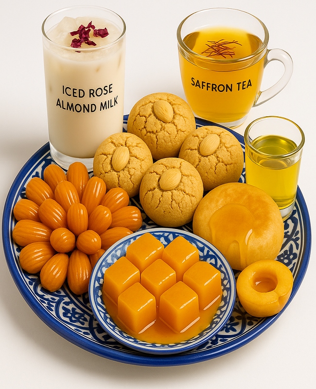 Moroccan desserts and drinks on a blue plate, featuring saffron tea and almond milk.