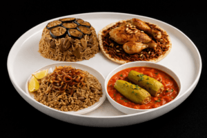 heritage-rich eastern meals served on a white plate with traditional Middle Eastern dishes on black background