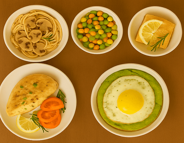 Flavor-packed meal plan featuring a top-down view of ten vibrant global dishes arranged in small bowls on a wooden table.